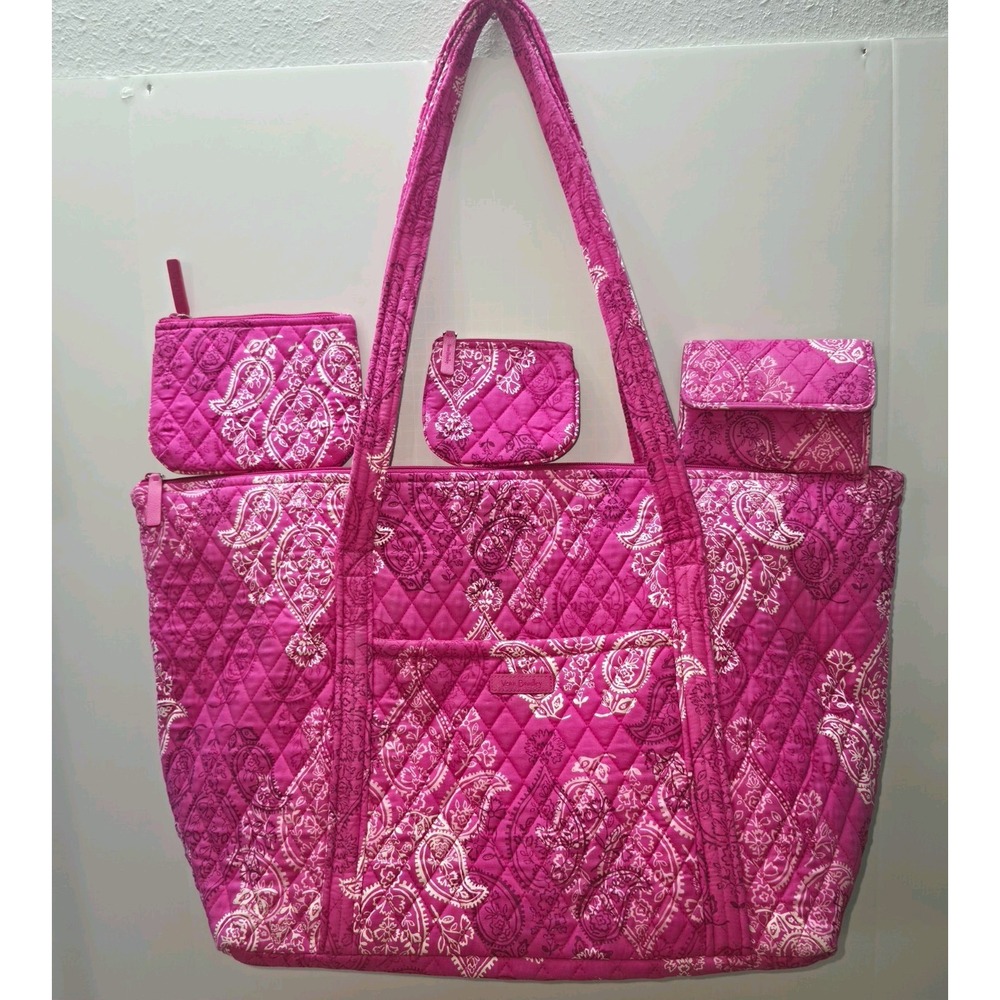 Vera Bradley Pink White Paisley Quilted Tote Bag Pouches Wallet Bundle *READ